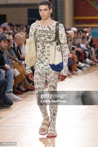 Model walks the runway at the Vivienne Westwood show during the London Fashion Week Men's June 2017 collections, London on June 12, 2017. British...