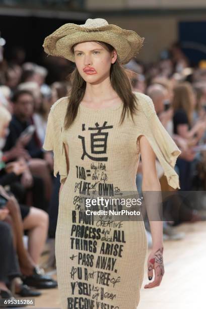 Model walks the runway at the Vivienne Westwood show during the London Fashion Week Men's June 2017 collections, London on June 12, 2017. British...