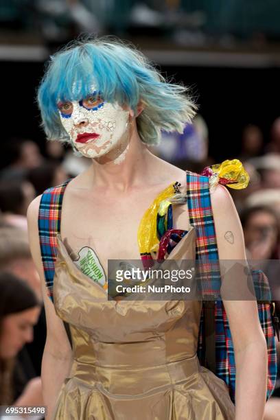 Model walks the runway at the Vivienne Westwood show during the London Fashion Week Men's June 2017 collections, London on June 12, 2017. British...