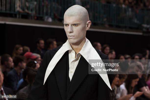 Model walks the runway at the Vivienne Westwood show during the London Fashion Week Men's June 2017 collections, London on June 12, 2017. British...