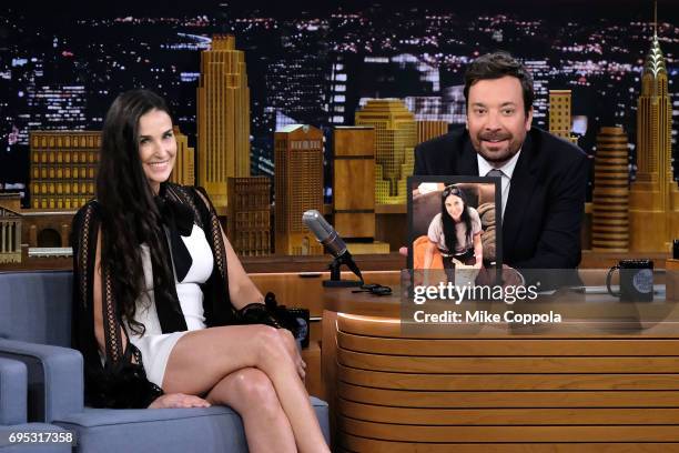 Actress Demi Moore is interviewed by Host/Comedian Jimmy Fallon during her visit to the "The Tonight Show Starring Jimmy Fallon" at Rockefeller...