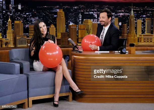 Actress Demi Moore is interviewed by Host/Comedian Jimmy Fallon during her visit to the "The Tonight Show Starring Jimmy Fallon" at Rockefeller...