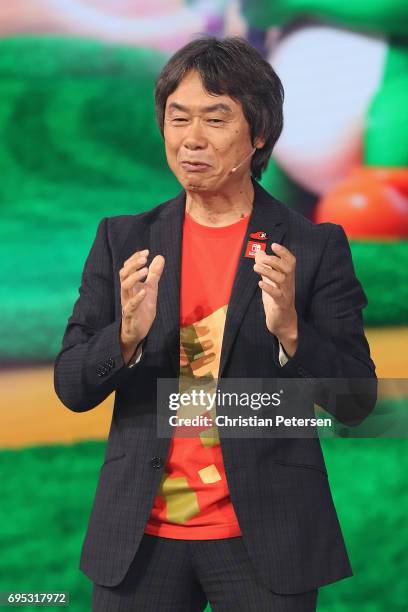 Nintendo co-Representative Director and Creative Fellow Shigeru Miyamoto talks about 'Mario Rabbids Kingdom Battle' on stage during the Ubisoft E3...