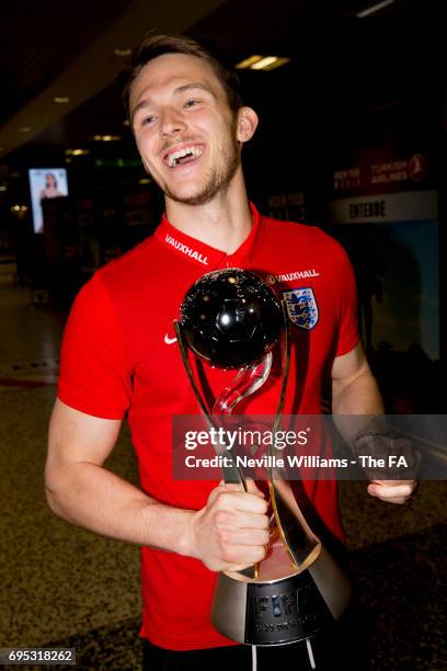 Freddie Woodman of the England U20's FIFA World Cup winners team arrive at Birmingham Airport on June 12, 2016 in Birmingham, England.