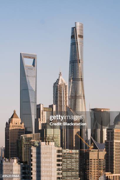 the shanghai center tower，the jinmao tower and the swfc tower - swfc stock pictures, royalty-free photos & images