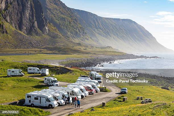 caravan camping on eggum beach, lofoten - camping trailer stock pictures, royalty-free photos & images