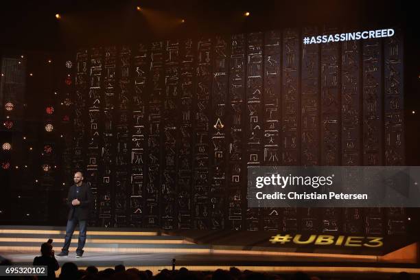 Game Director Ashraf Ismail introduces 'Assassin's Creed Origins' during the Ubisoft E3 conference at the Orpheum Theater on June 12, 2017 in Los...