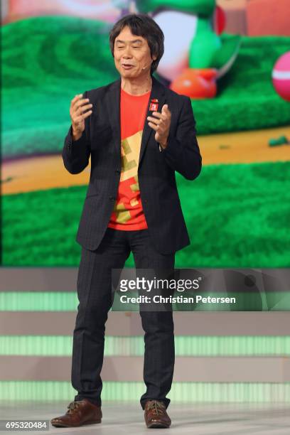 Nintendo co-Representative Director and Creative Fellow Shigeru Miyamoto talks about 'Mario Rabbids Kingdom Battle' on stage during the Ubisoft E3...