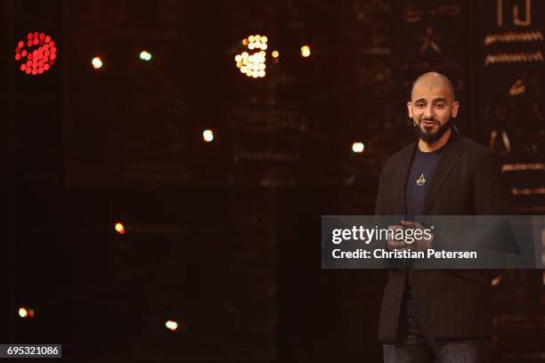 Game Director Ashraf Ismail introduces 'Assassin's Creed Origins' during the Ubisoft E3 conference at the Orpheum Theater on June 12, 2017 in Los...