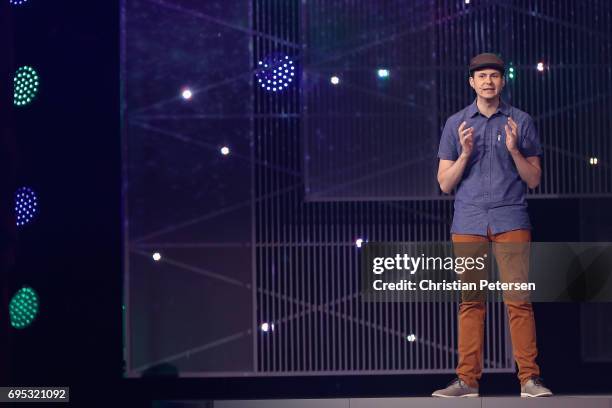 Producer at Ubisoft Toronto Matthew Rose unveils 'Starlink' during the Ubisoft E3 conference at the Orpheum Theater on June 12, 2017 in Los Angeles,...