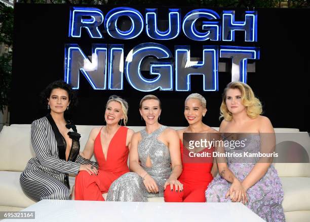 Ilana Glazer, Kate McKinnon, Scarlett Johansson, Zoe Kravitz and Jillian Bell attend the "Rough Night" premiere at AMC Loews Lincoln Square on June...