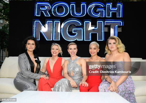 Ilana Glazer, Kate McKinnon, Scarlett Johansson, Zoe Kravitz and Jillian Bell attend the "Rough Night" premiere at AMC Loews Lincoln Square on June...