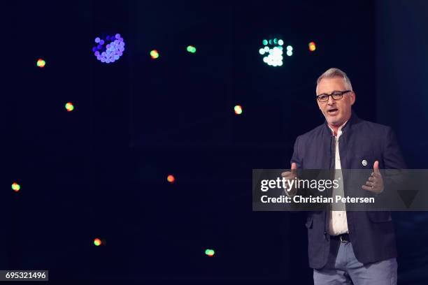 Creative Director Justin Farren introduces 'Skull & Bones' during the Ubisoft E3 conference at the Orpheum Theater on June 12, 2017 in Los Angeles,...