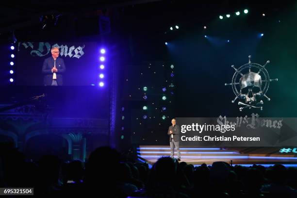 Creative Director Justin Farren introduces 'Skull & Bones' during the Ubisoft E3 conference at the Orpheum Theater on June 12, 2017 in Los Angeles,...