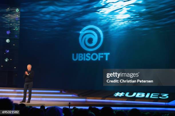 Ubisoft Co-founder and CEO Yves Guillemot speaks during the Ubisoft E3 conference at the Orpheum Theater on June 12, 2017 in Los Angeles, California....