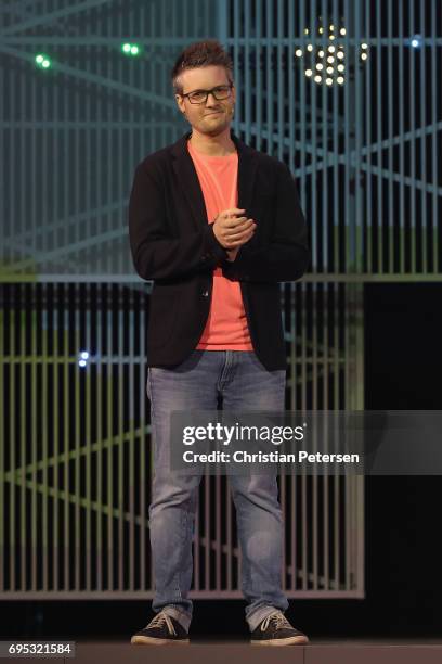 Producers Xavier Manzanares introduces 'Mario Rabbids Kingdom Battle' during the Ubisoft E3 conference at the Orpheum Theater on June 12, 2017 in Los...