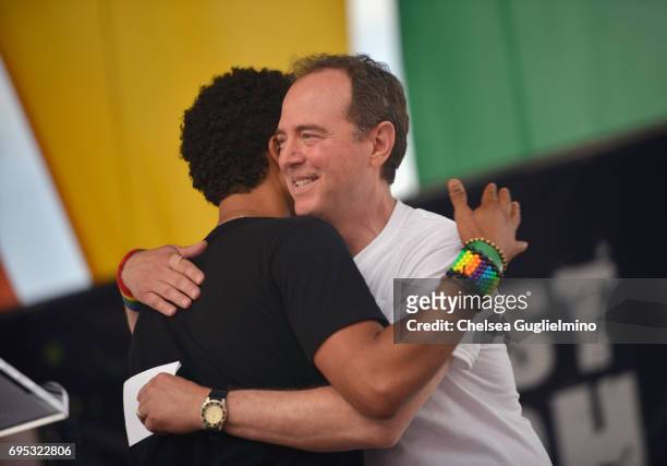 Actor Jussie Smollett hugs U.S. Representative for California's 28th congressional district Adam Schiff during the LA Pride ResistMarch on June 11,...