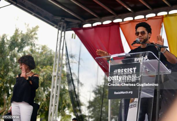 Representative for California's 43rd congressional district Maxine Waters and actor Jussie Smollett onstage at the LA Pride ResistMarch on June 11,...