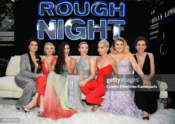 Ilana Glazer, Kate McKinnon, Demi Moore, Scarlett Johansson, Zoe Kravitz, Jillian Bell and Lucia Aniello attend the "Rough Night" premiere at AMC...