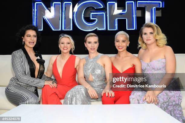 Ilana Glazer, Kate McKinnon, Scarlett Johansson, Zoe Kravitz and Jillian Bell attend the "Rough Night" premiere at AMC Loews Lincoln Square on June...