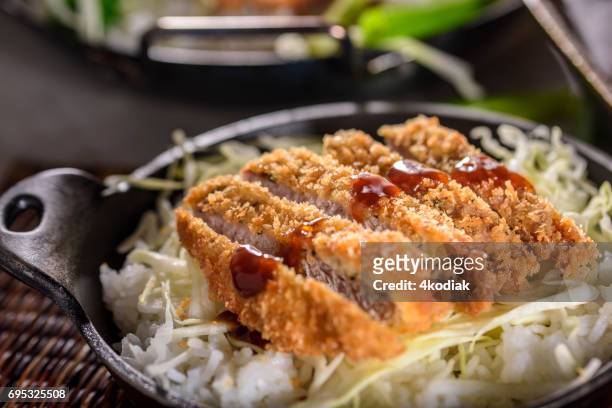 panko crusted crispy pork cutlets over steamed rice - tonkatsu stock pictures, royalty-free photos & images