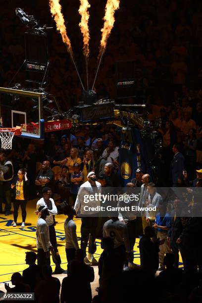 JaVale McGee of the Golden State Warriors before the game against the Cleveland Cavaliers in Game Five of the 2017 NBA Finals on June 12, 2017 at...