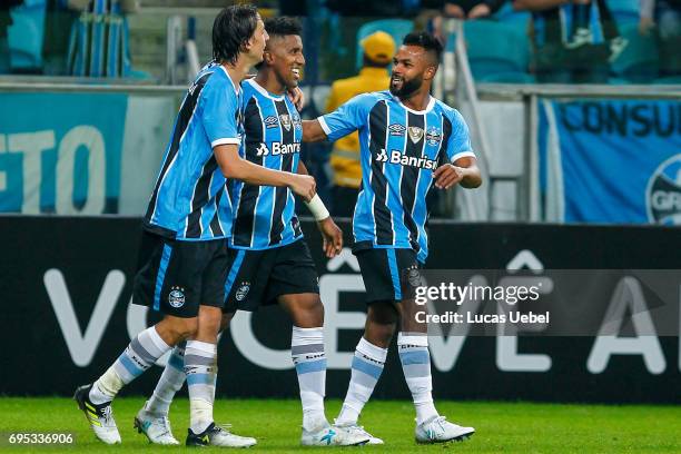 Players of Gremio celebrates their first goal during the match between Gremio and Bahia as part of Brasileirao Series A 2017, at Arena do Gremio on...