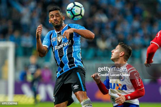 Edilson of Gremio battles for the ball against Ze Rafael of Bahia during the match between Gremio and Bahia as part of Brasileirao Series A 2017, at...