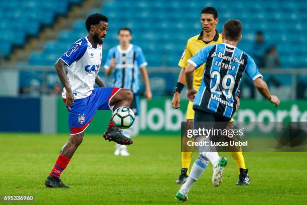 Arthur of Gremio battles for the ball against Rene Junior of Bahia during the match between Gremio and Bahia as part of Brasileirao Series A 2017, at...