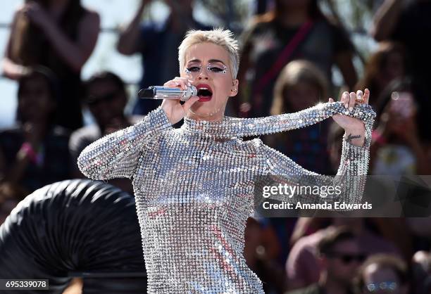 Singer Katy Perry performs onstage at the "Katy Perry - Witness World Wide" Exclusive YouTube Livestream Concert on June 12, 2017 in Los Angeles,...