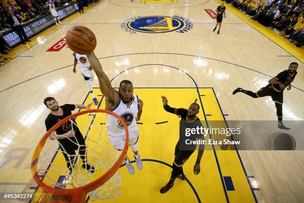 Andre Iguodala of the Golden State Warriors dunks the ball against the Cleveland Cavaliers in Game 5 of the 2017 NBA Finals at ORACLE Arena on June...