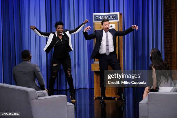 Actors Demetrius Shipp Jr., Leslie Jones, Jimmy Fallon, and Demi Moore play a game during their visit to the "The Tonight Show Starring Jimmy Fallon"...