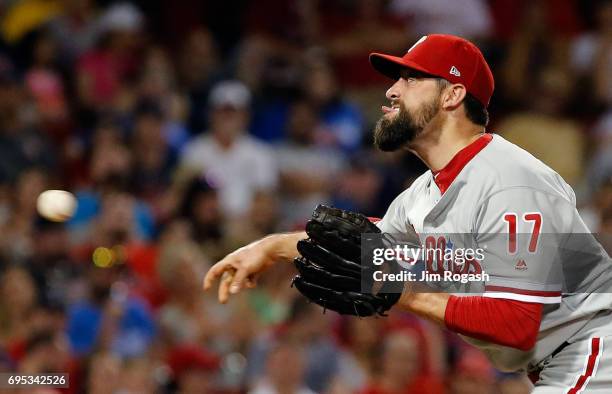 Pat Neshek of the Philadelphia Phillies throws in relief in the seventh inning against the Boston Red Sox at Fenway Park on June 12, 2017 in Boston,...