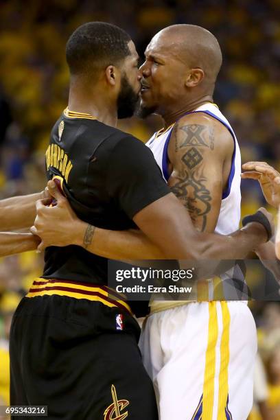 David West of the Golden State Warriors and Tristan Thompson of the Cleveland Cavaliers get into an altercation after a play in Game 5 of the 2017...