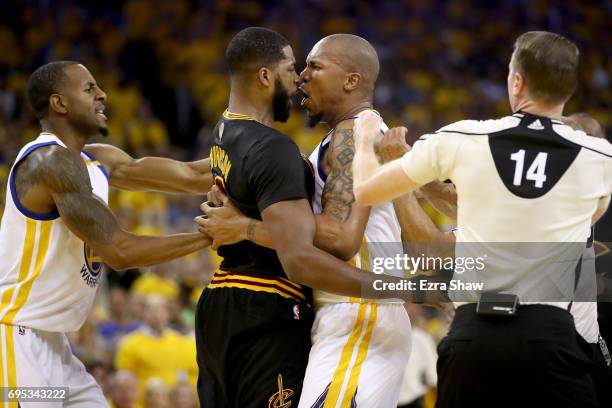 David West of the Golden State Warriors and Tristan Thompson of the Cleveland Cavaliers get into an altercation after a play in Game 5 of the 2017...