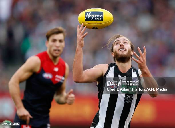 Tim Broomhead of the Magpies in action during the 2017 AFL round 12 match between the Melbourne Demons and the Collingwood Magpies at Melbourne...