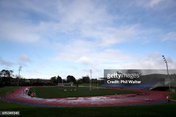 General view of Trusts Stadium during a New Zealand All Blacks training session at Trusts Stadium on June 13, 2017 in Auckland, New Zealand.