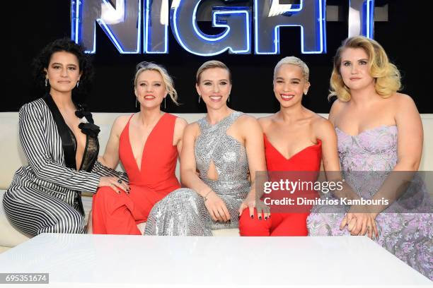 Ilana Glazer, Kate McKinnon, Scarlett Johansson, Zoe Kravitz and Jillian Bell attend the "Rough Night" premiere at AMC Loews Lincoln Square on June...