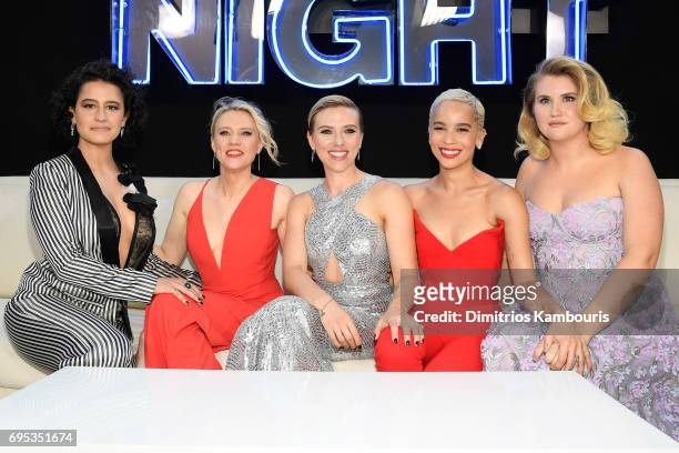 Ilana Glazer, Kate McKinnon, Scarlett Johansson, Zoe Kravitz and Jillian Bell attend the "Rough Night" premiere at AMC Loews Lincoln Square on June...