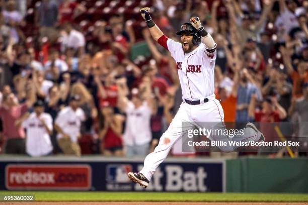 Dustin Pedroia of the Boston Red Sox reacts after hitting a walk-off single during the eleventh inning of a game against the Philadelphia Phillies on...