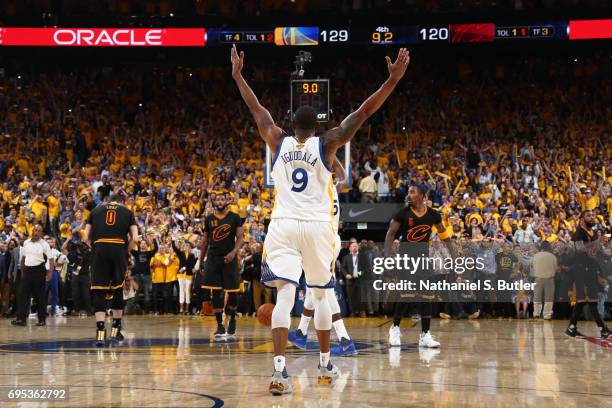 Andre Iguodala of the Golden State Warriors celebrates after winning Game Five of the 2017 NBA Finals against the Cleveland Cavaliers on June 12,...