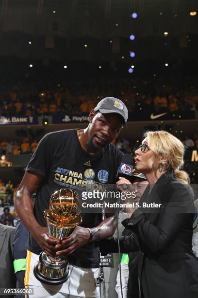 Reporter, Doris Burke interviews Kevin Durant of the Golden State Warriors after winning the Finals MVP in Game Five of the 2017 NBA Finals against...