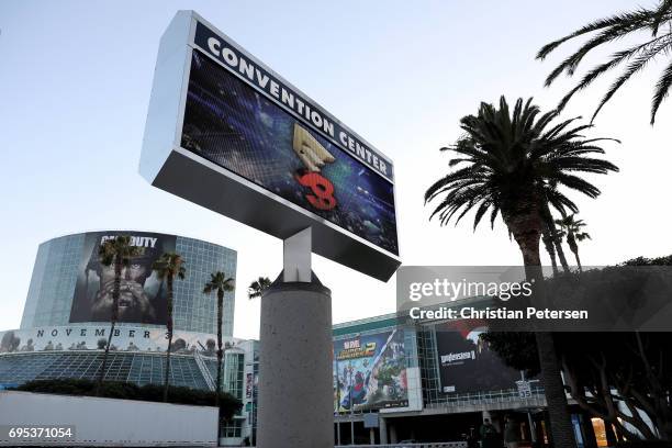 General view outside of the Los Angeles Convention Center before the start of the Electronic Entertainment Expo E3 on June 12, 2017 in Los Angeles,...