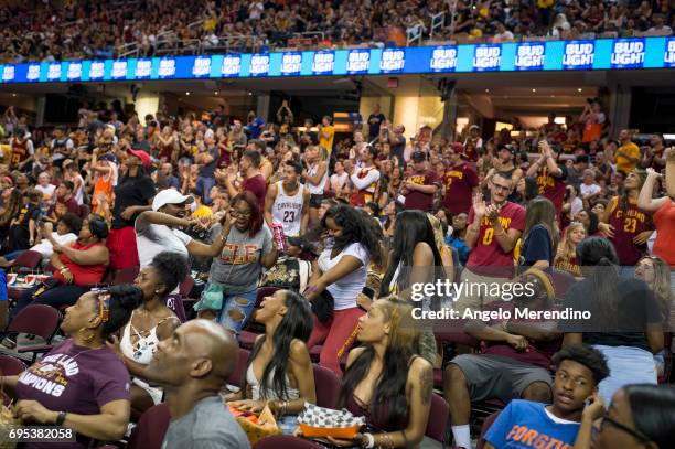 Cleveland Cavaliers fans react as they watch Game 5 of the NBA Finals between the Cleveland Cavaliers and the Golden State Warriors during a watch...