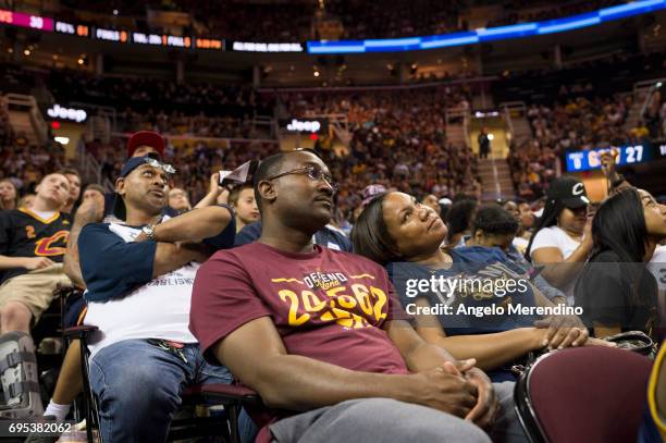 Cleveland Cavaliers fans react as they watch Game 5 of the NBA Finals between the Cleveland Cavaliers and the Golden State Warriors during a watch...