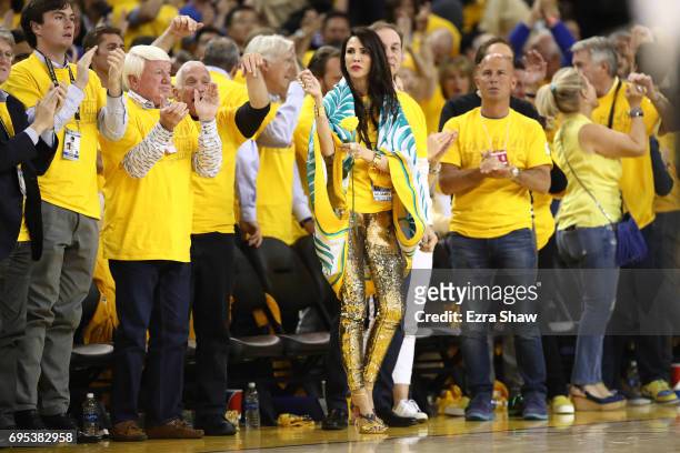 Nicole Curran, wife of Golden State Warriors owner Joe Lacob watches the game during the second half in Game 5 of the 2017 NBA Finals between the...