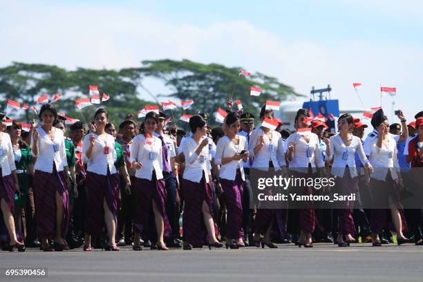 the beautiful stewardess attended the 71th anniversary of the air force, in lanud halim perdanakusuma, jakarta. - the-indonesian-national-air-force-parade stock pictures, royalty-free photos & images