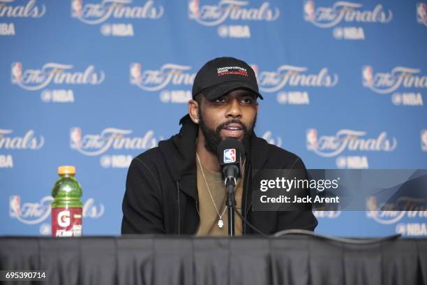 Kyrie Irving of the Cleveland Cavaliers talks to the media after the game against the Golden State Warriors in Game Five of the 2017 NBA Finals on...