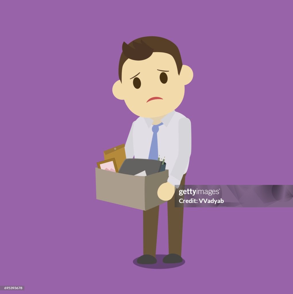 Dismissed Businessman Holding Box With Laptoppicture Framedocumentsadget  Fired And Dismissal Concept From Job Cartoon Character Vector Illustration  High-Res Vector Graphic - Getty Images