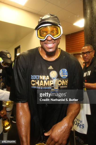 Andre Iguodala of the Golden State Warriors celebrates in the locker room after winning the NBA Championsip in Game Five of the 2017 NBA Finals...